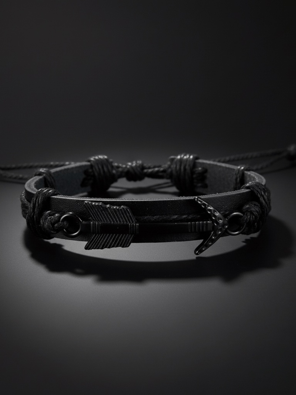 Mens All Black Leather Cotton Bracelet with Arrow Charm